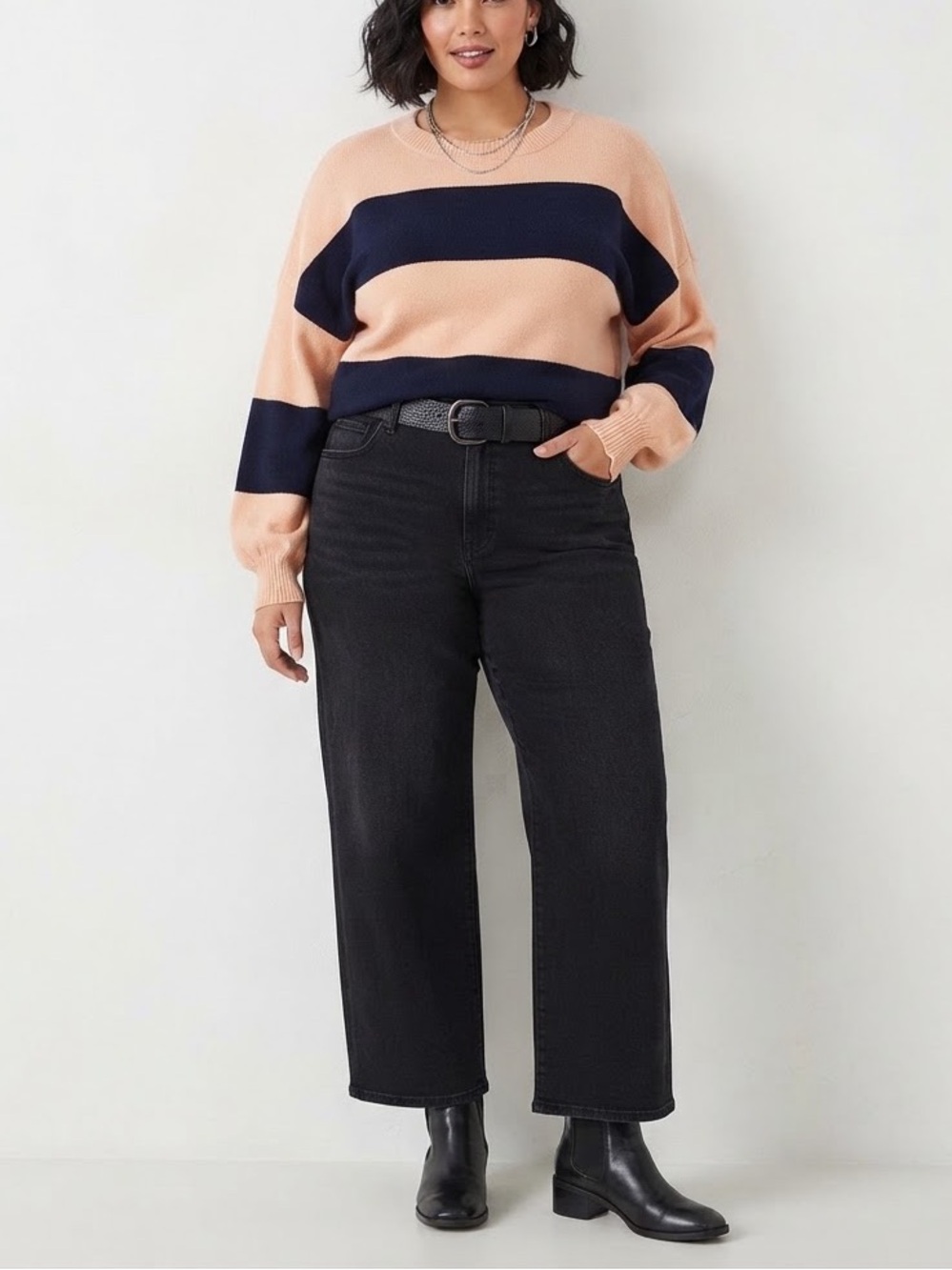Dreamers Peach and Black Wide-Stripe Crewneck Sweater